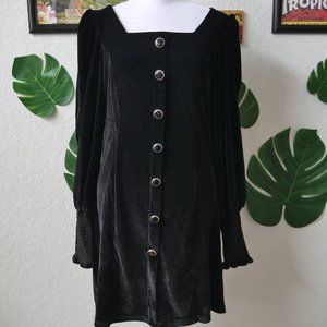 Gothic Inky Black Velour Bodycon Dress Bishop Sleeves Dramatic Size Large